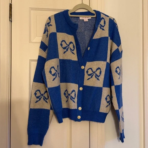 Lisa Says Gah Lauda Cardi in Blue Bow Check Size M/L - Picture 2 of 5